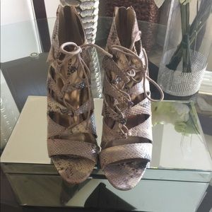 Madden Girl "Raceyyy" Snake print lace-up heels.